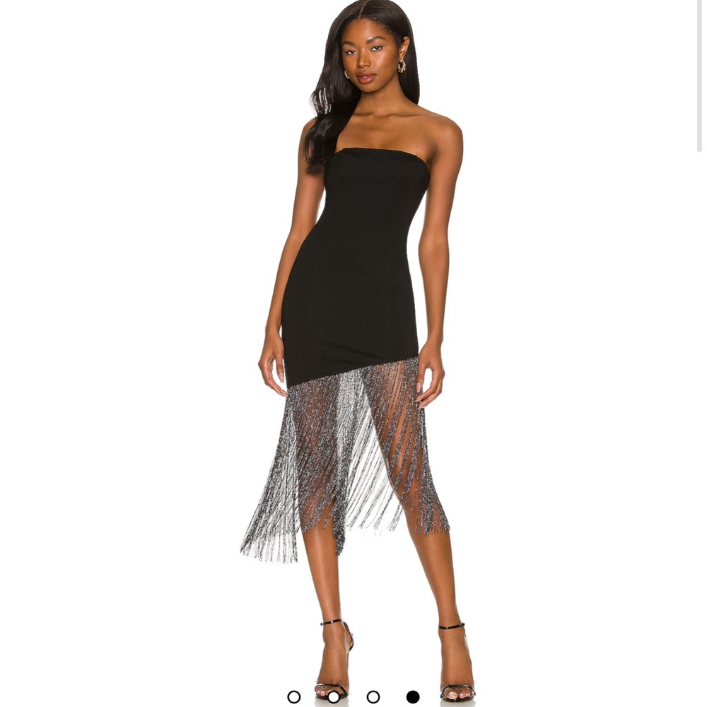 Elegant Black Strapless Dress with Fringe Detail